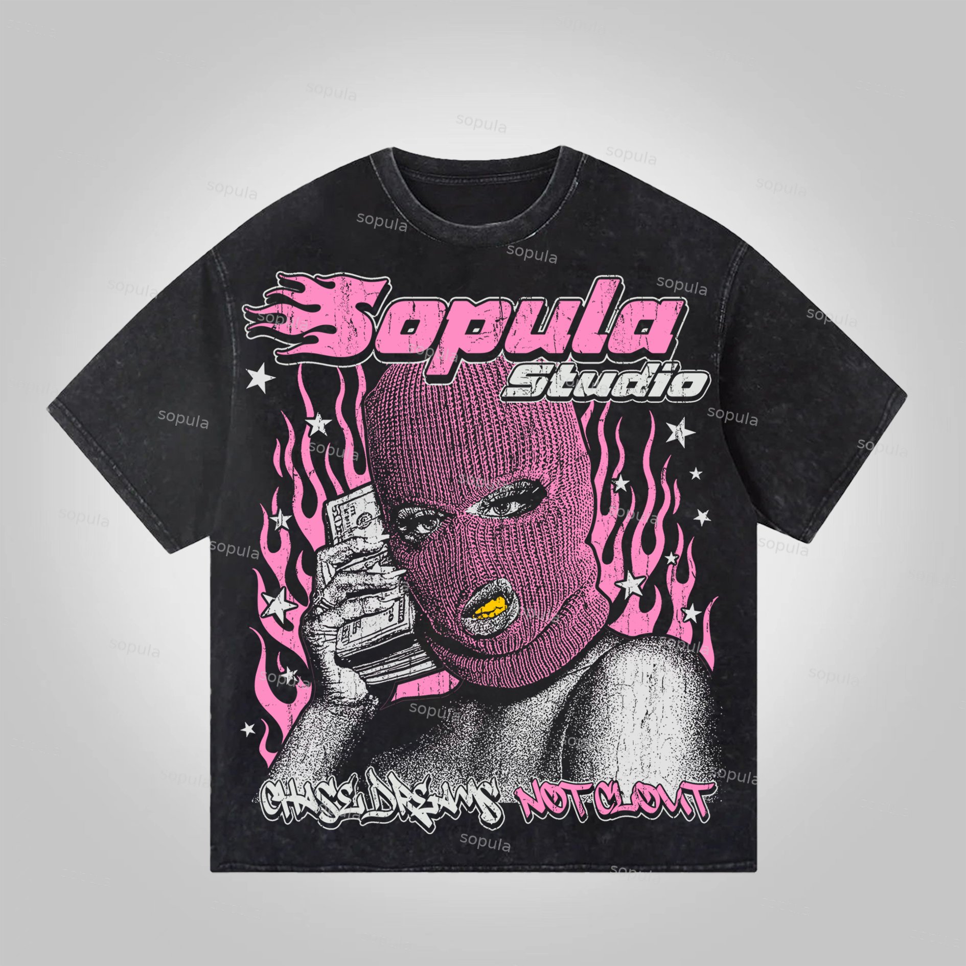 Sopula Bandit Flame Character Portrait Vintage Graphics Acid Washed T-Shirt