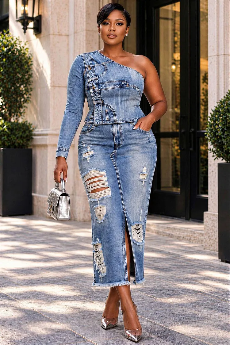Xpluswear Design Plus Size Party Light Blue One Shoulder Long Sleeve Bodycon Split Denim Two Piece Skirt Sets [Pre-Order] 2024 - Xpluswear