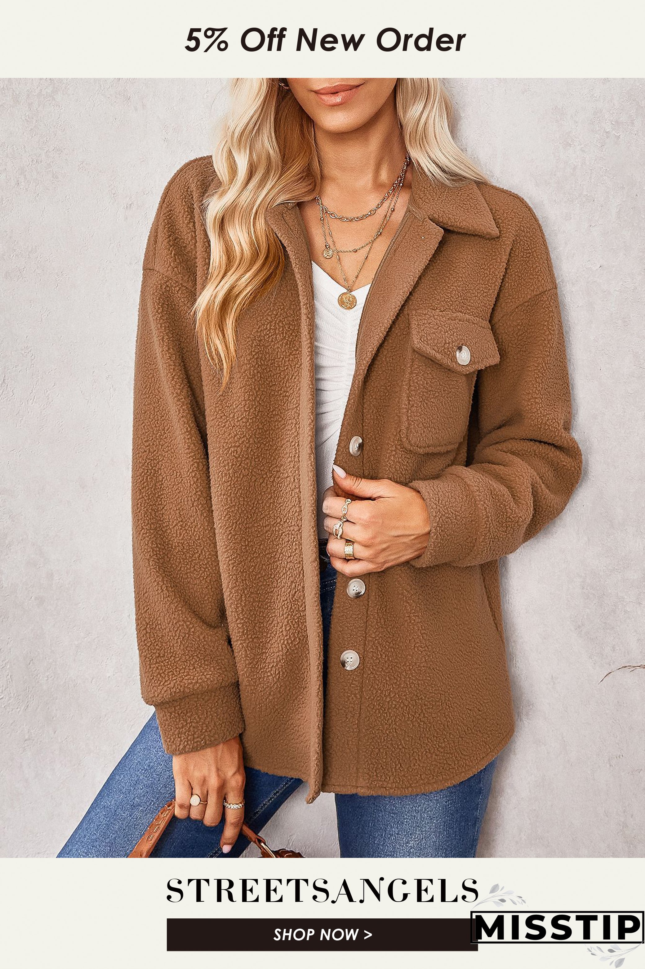 Women Long Sleeve Solid Color Pocket Fashion Casual Button Jacket