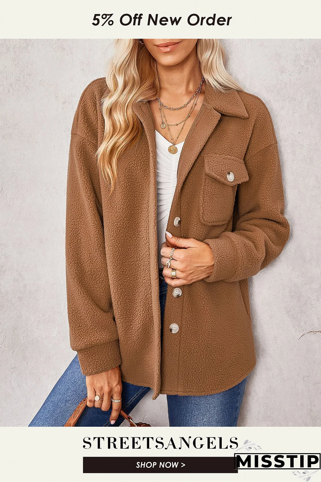 Women Long Sleeve Solid Color Pocket Fashion Casual Button Jacket