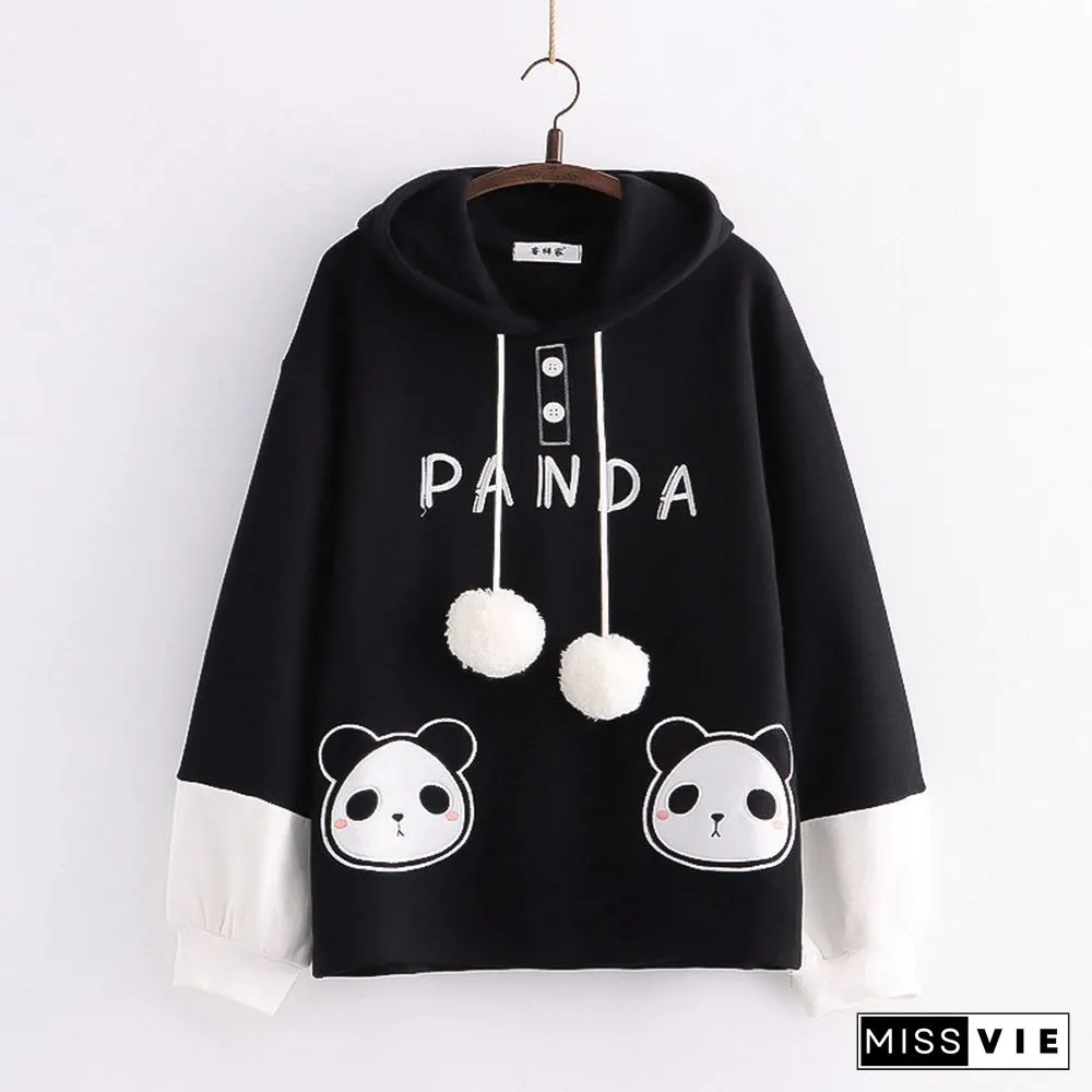 Cartoon Panda Letter Print Colorblock Plush Hoodie