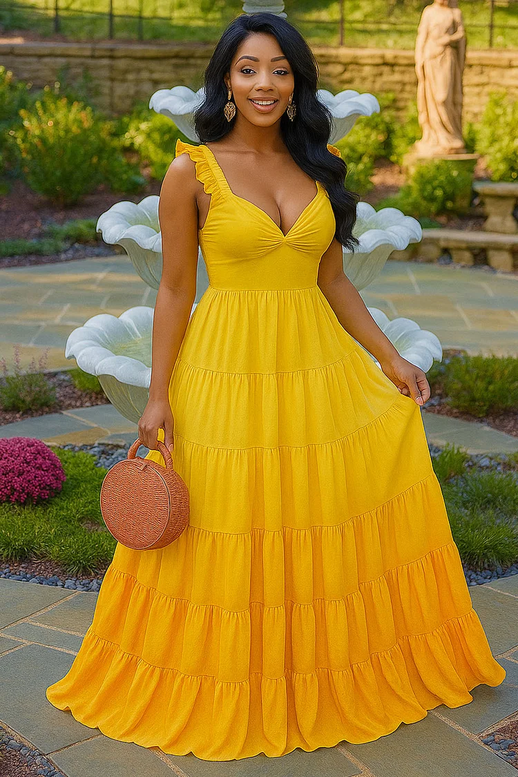 Ruffle Straps V Neck Tiered Quilted Vacation Maxi Dresses-Yellow [Pre Order]