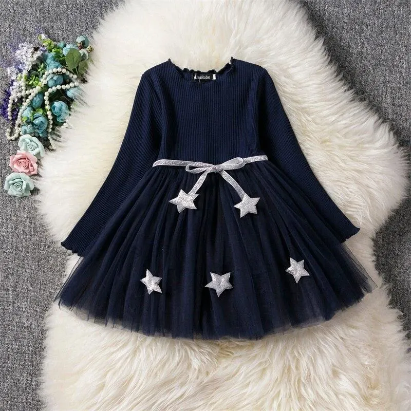 Girls Winter Dress for Kids Long Sleeve Star Sequined Princess Dresses 3 6 8 Years Old Children Cotton Knitted Autumn Clothes