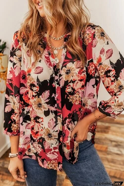 Floral Notched Long Sleeve Shirt
