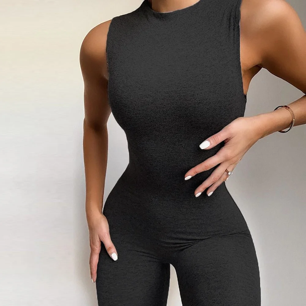 2020 new jumpsuit women elastic hight casual fitness sporty rompers sleeveless zipper activewear skinny summer outfit