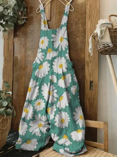Retro flower print casual loose overalls