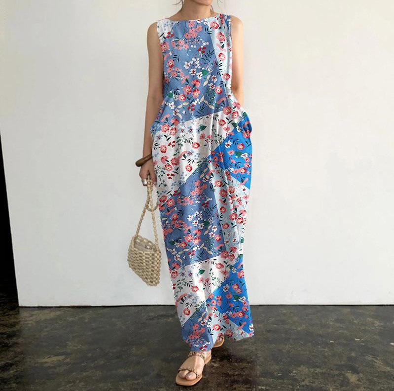 Rotimia Elegant Sleeveless Robe Printed Long Dress