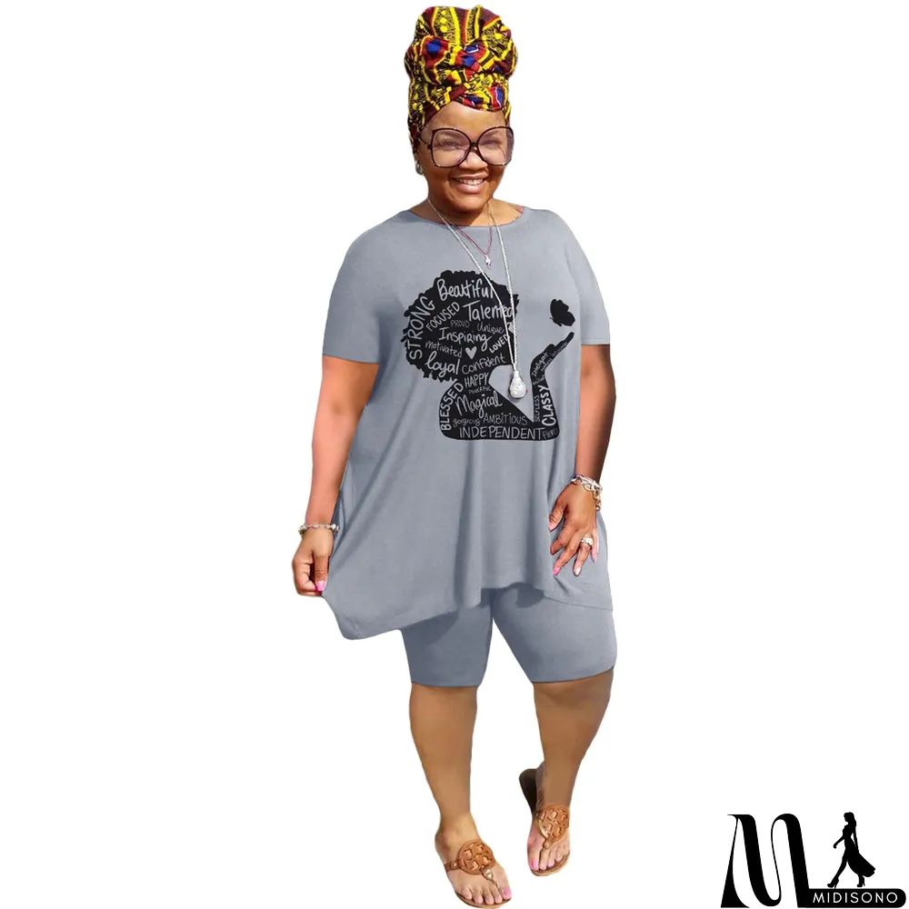 MidiSono - Plus Size Women'S Print Short Sleeve T-Shirt Shorts Two-Piece Casual Set