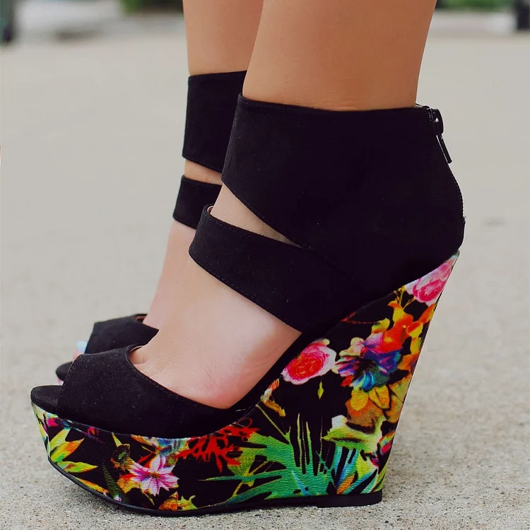 Black Floral Heels Peep Toe Platform Wedge Sandals |FSJ Shoes