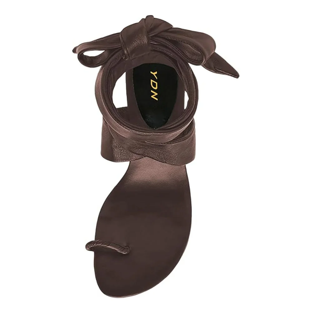 Fashion Brown Faux Leather Spool Heel Cross Lace Up Toe Ring Sandals