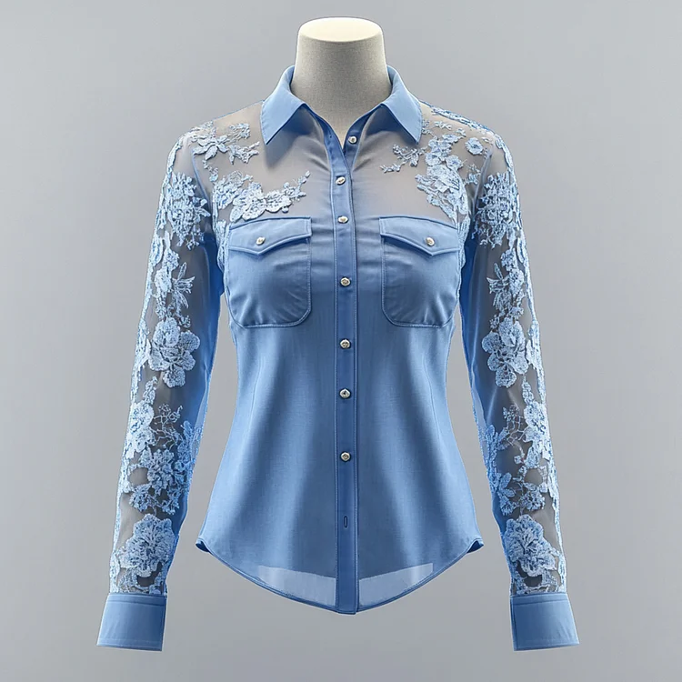 Ursime Shirt Collar Long Sleeve Flap Pocket Floral Embroidery Blouse