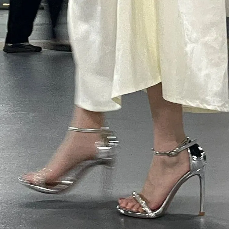 Breakj Breakj The Summer Of 2025, The New Silver Patent Leather With Water Drill High Heels Women's Fine Heel Sandals Are Beautiful.