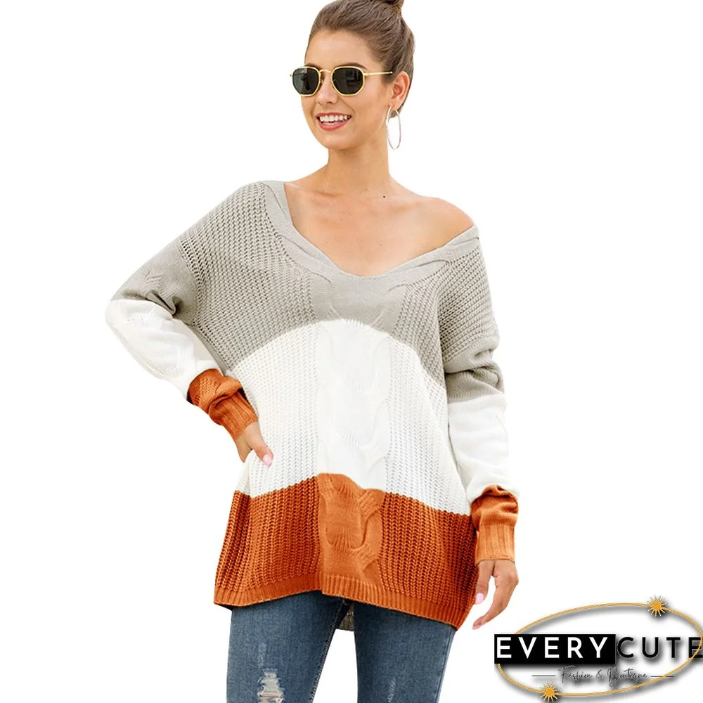 Gray Color Block V Neck Drop Shoulder Sweater