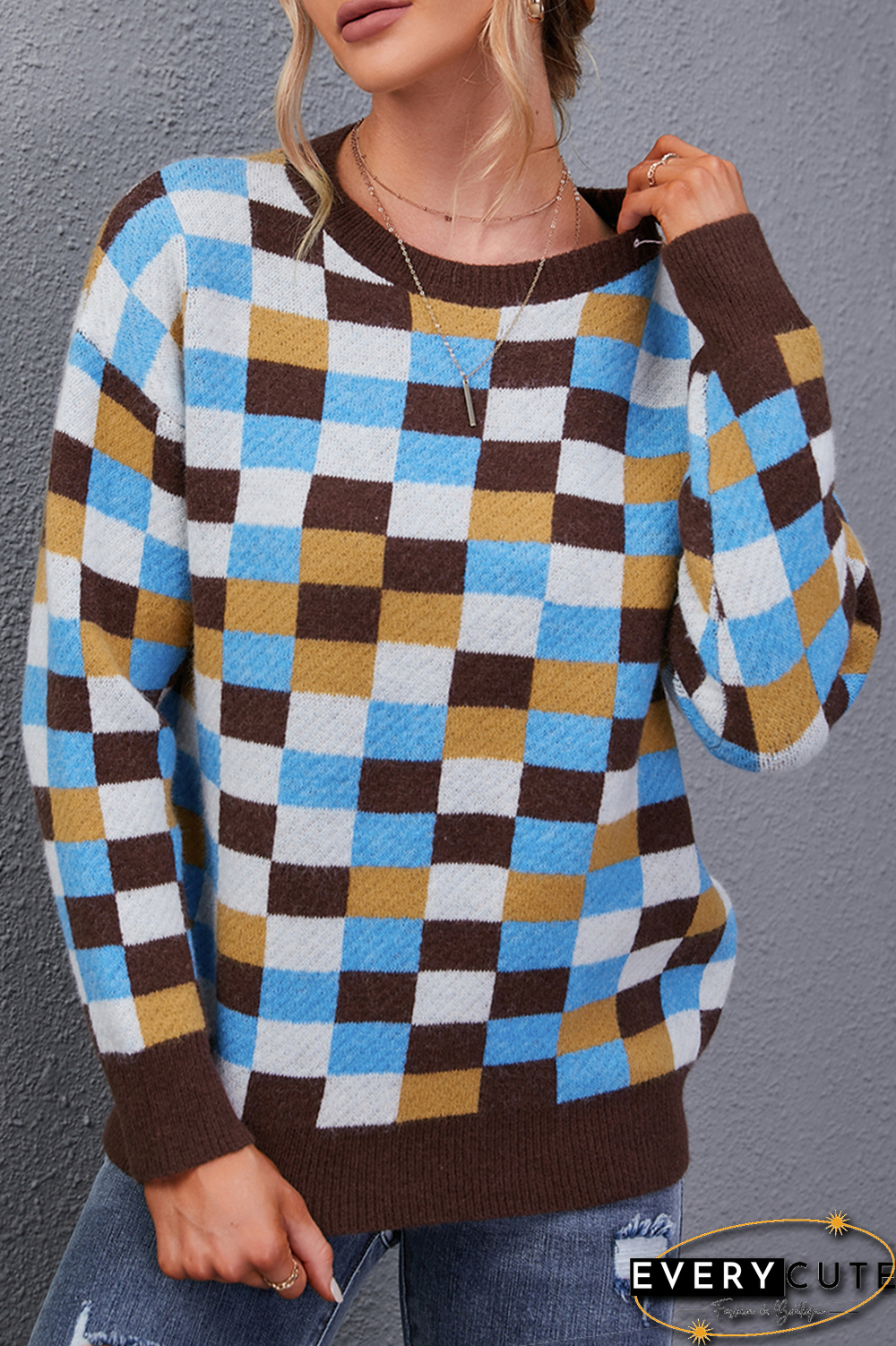 Casual Plaid Split Joint O Neck Tops