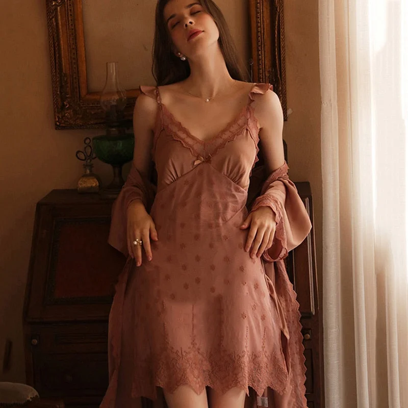 CINOON 2 Pieces Women Pajamas Sets Faux Silk Pajamas Sleepwear Sets Embroidery Lace Bath Gown Wedding Night Dress Robe With Belt