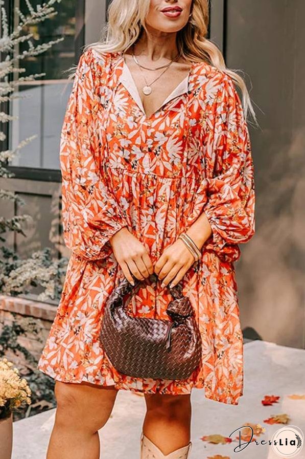 Orange Floral Print Split V Neck Bubble Sleeve Plus Size Midi Dress