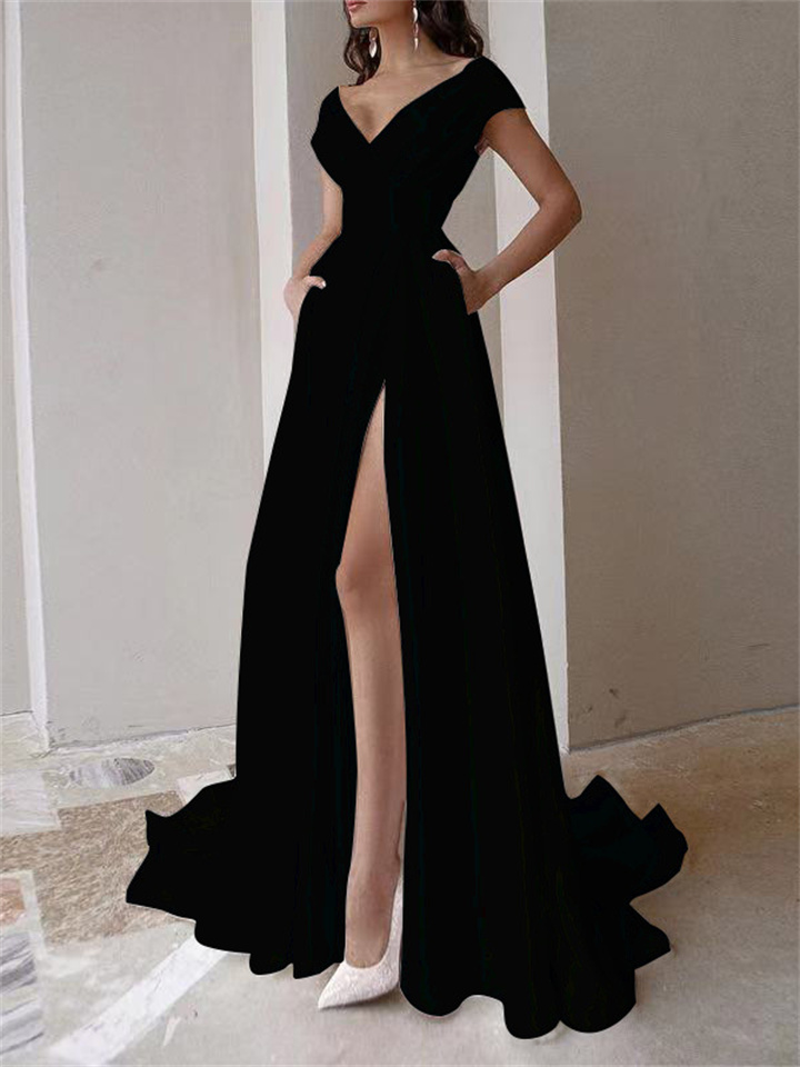 Women's Party Dress Swing Dress Black Dress Long Dress Maxi Dress Black Red White Short Sleeve Pure Color Split Winter Fall Spring V Neck Romantic Wedding Party Winter Dress Slim 2022 S M L XL