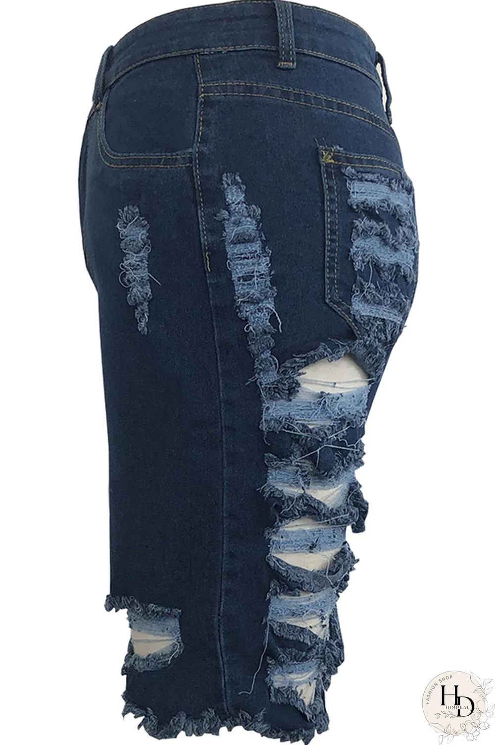 Blue Denim Button Fly Zipper Fly High washing Hole Zippered Pocket Straight shorts Shorts