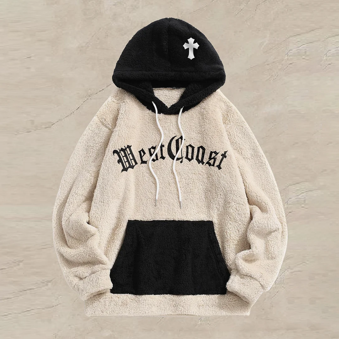 Stylish Retro Casual Plush Hoodie with Contrast Panelings
