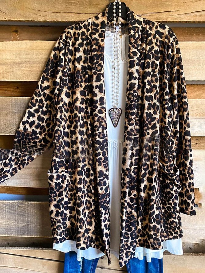 Leopard Print Lapel Pocket Casual Coat