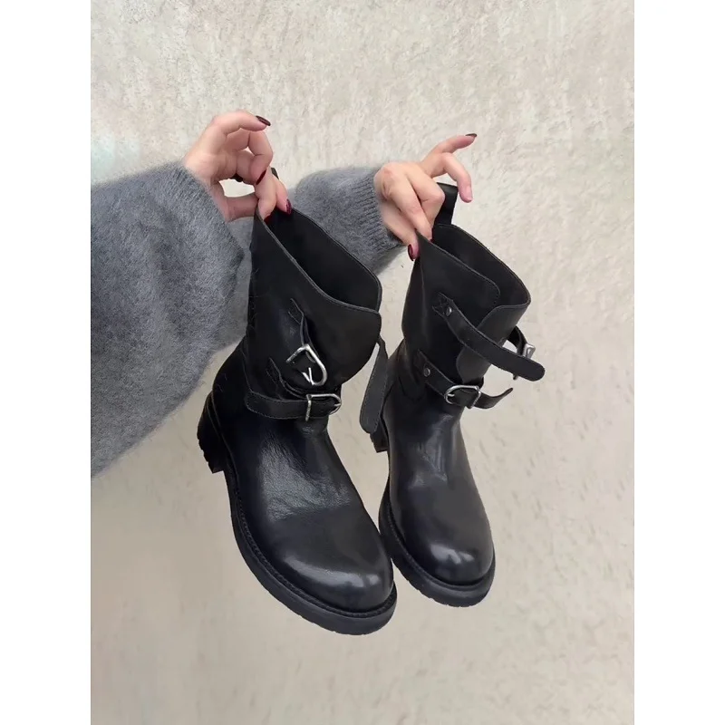 Breakj Breakj Belt Buckle Short Barrel Knight Boots Coarse And Western Cowboy Boots Women Thin Round Head Locomotive Short Boots