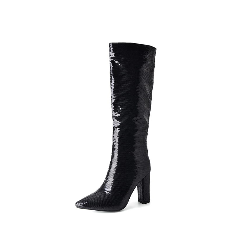 GOOSHOE Pointed Ultra High Thick Heeled Polka Dot Sequin Fabric Boots Bling Shiny Color Changing Thick Plush Knee Boots