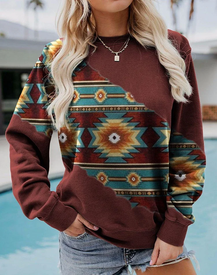 Long Sleeve Vintage Western Ethnic Geometric Print Sweatshirt