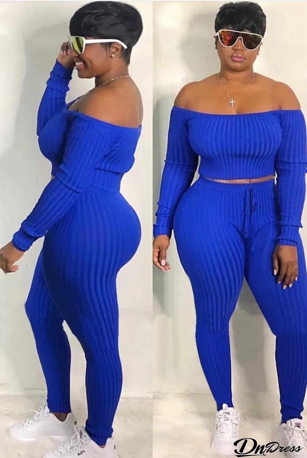 Fall Sexy Blue Rib Off Shoulder Long Sleeve Crop Top And Pants Set