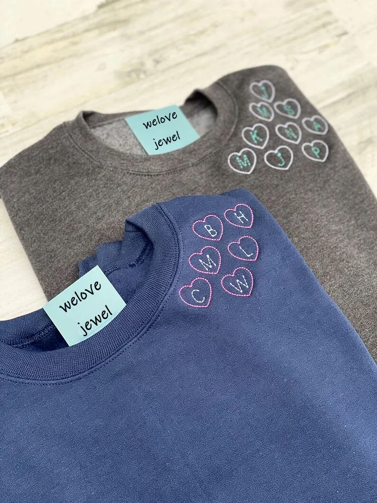 Embroidered Hearts Custom Sweatshirt, Personalized Initials, Gift For Grandma, Nana, Mama, Sweethearts Neckline, Valentines Gift for Mom