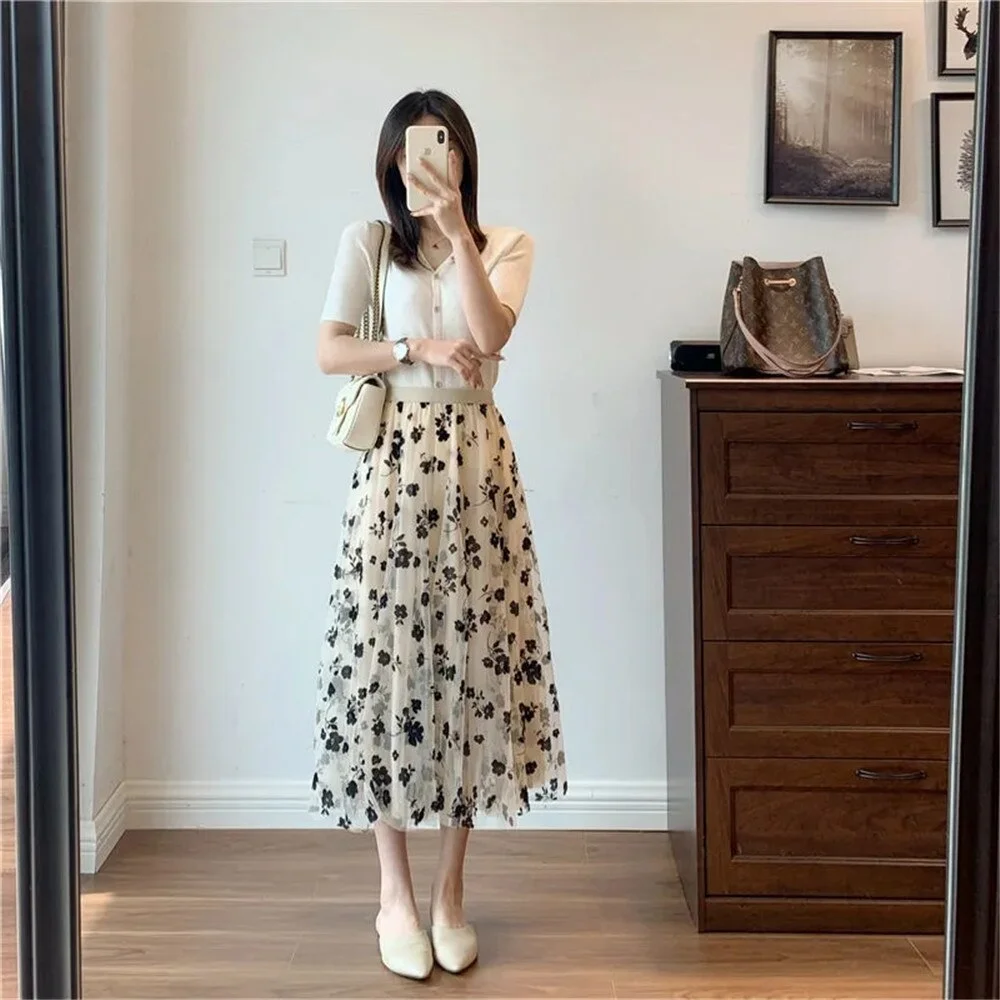 High Waist Long Mesh Skirt Flower Black Tulle Skirt Women Spring Summer Elastic Women Pleated A-line Skirt Female Midi Skirt