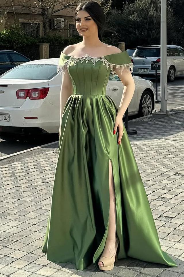 Oknass Off the Shoulder Sleeveless Long Split Prom Dress With Beading