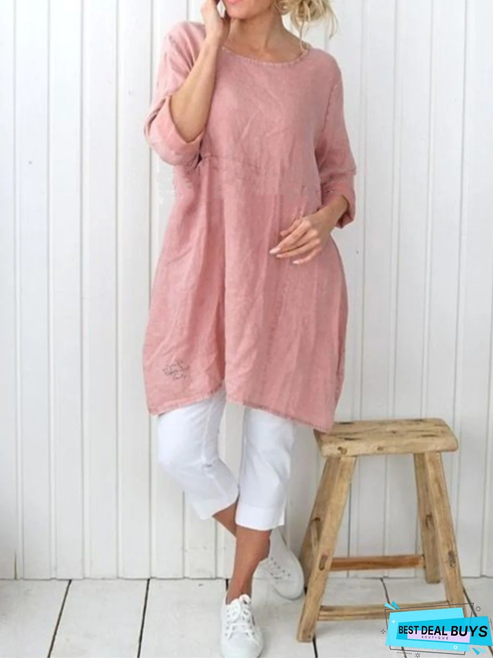 zolucky Plus Size Casual Plain Long Sleeve Linen Dress