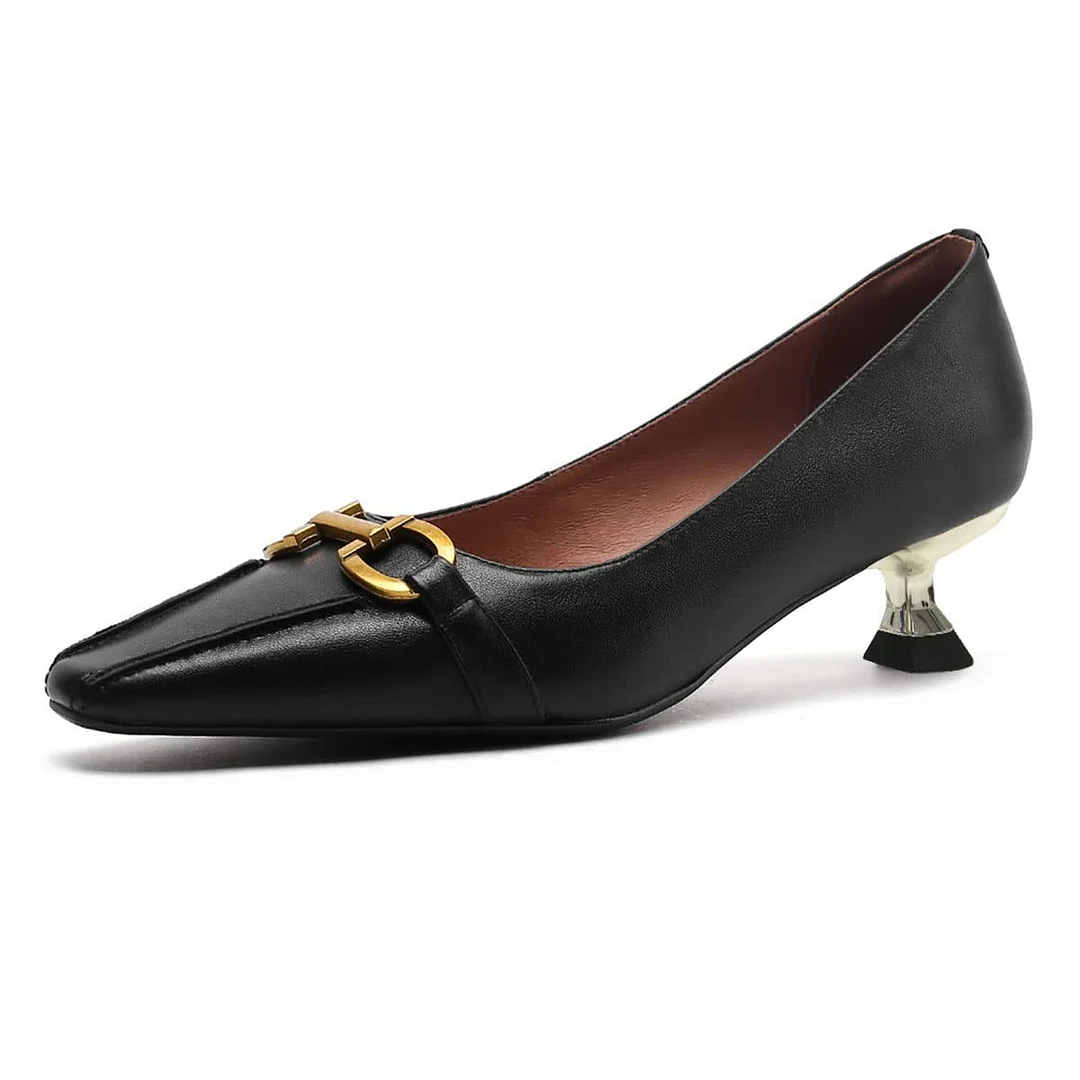 Pointed Toe Slip On Low Kitten Heel Horsebit Black Pumps for Women