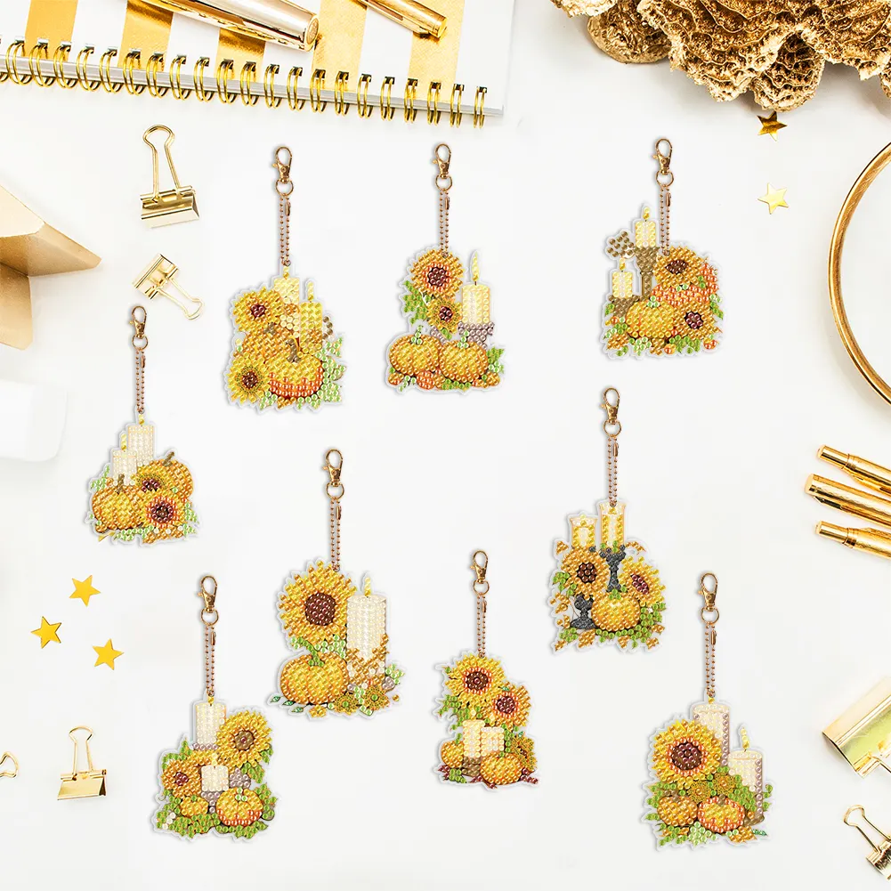 9pcs DIY Pumpkin Sunflower Candle Double Sided Special Shape Diamond Painting Art Keychains Pendant