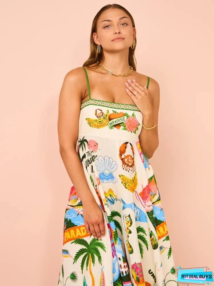 Women Suspender Graffiti Cotton and Linen Print Maxi Dress