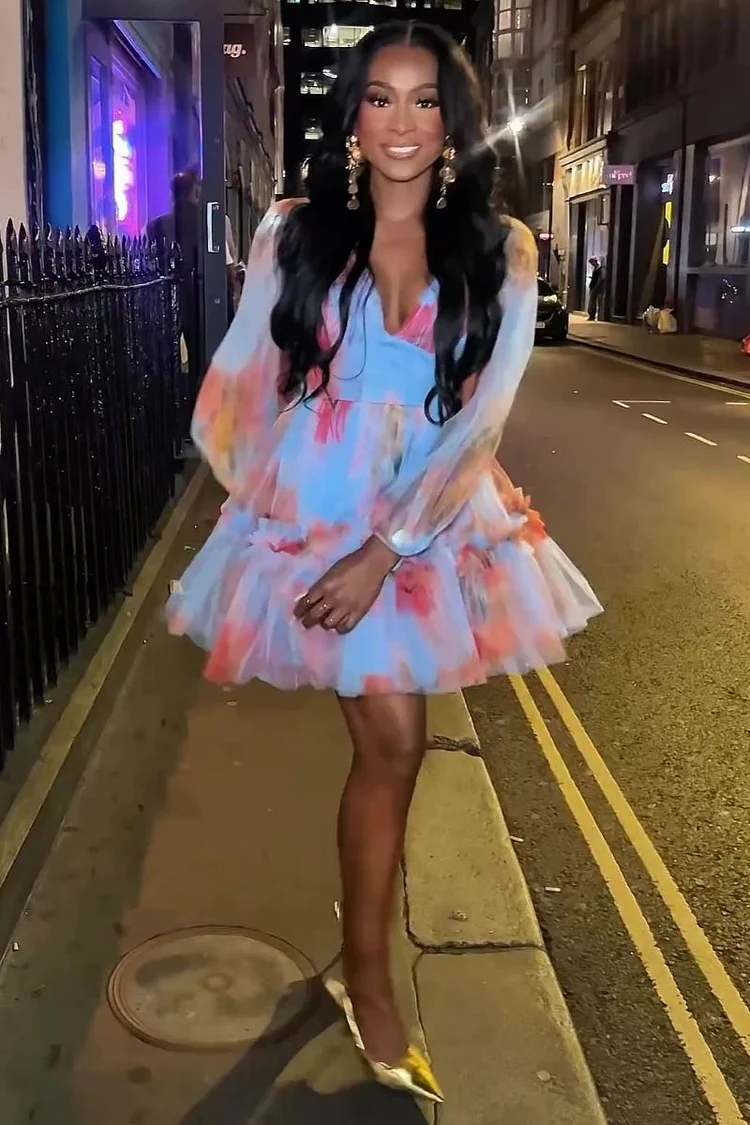 V Neck Print Mesh Bell Sleeve Tulle Hem Party Mini Dresses-Blue