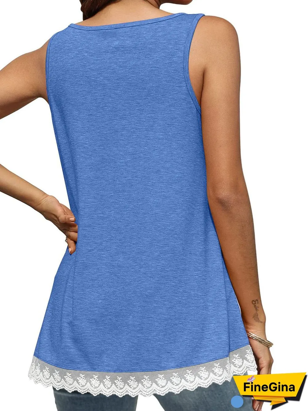 Women's Sleeveless Scoop Neck Large Swing Lace-paneled Top