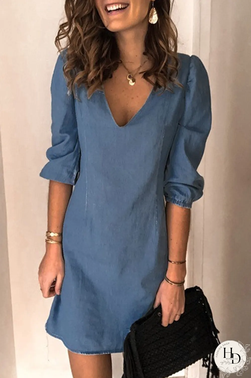 Denim Lantern Sleeve V-Neck Straight Dress