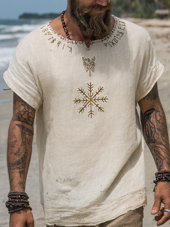 Men's Viking Vintage Distressed Runes Design Linen Shirt / Rvogue / Rvogue