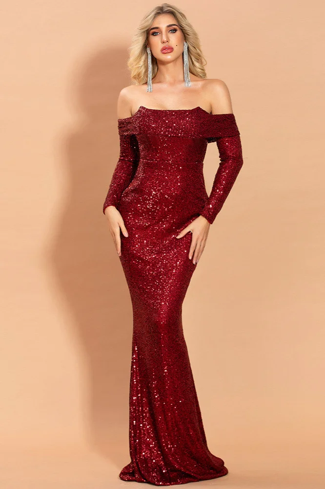 burgundy long sleeve mermaid sequins prom dress
