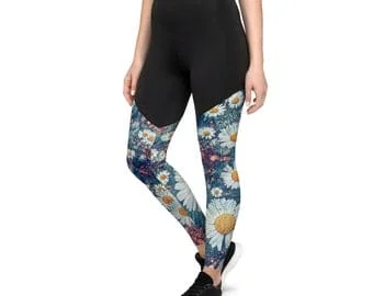 pornhint Pornhint Leggings Tights Womens Sports Leggings Floral Print High Intensity Workout Bottoms Daisy Flowers Artwork Artist Designed Dawn Mercer Photo