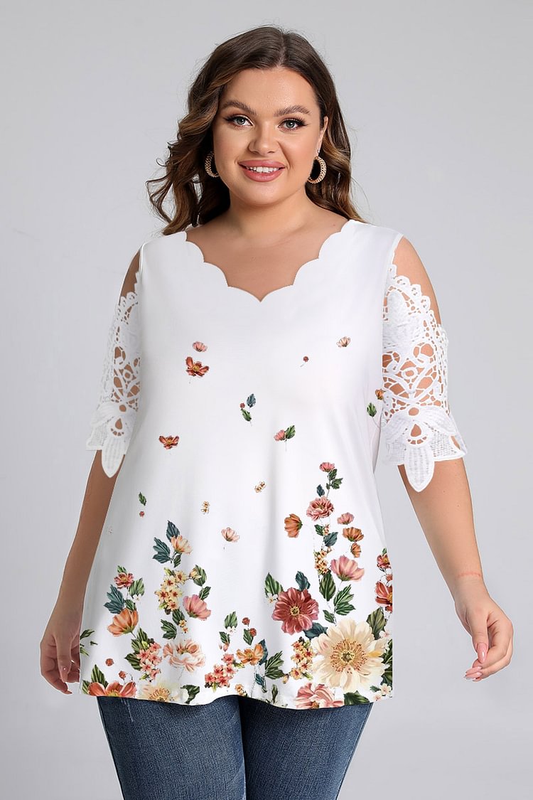 Flycurvy Plus Size Casual White Wave Collar Cold Shoulder Hollow Out Floral Print Blouses  flycurvy [product_label]