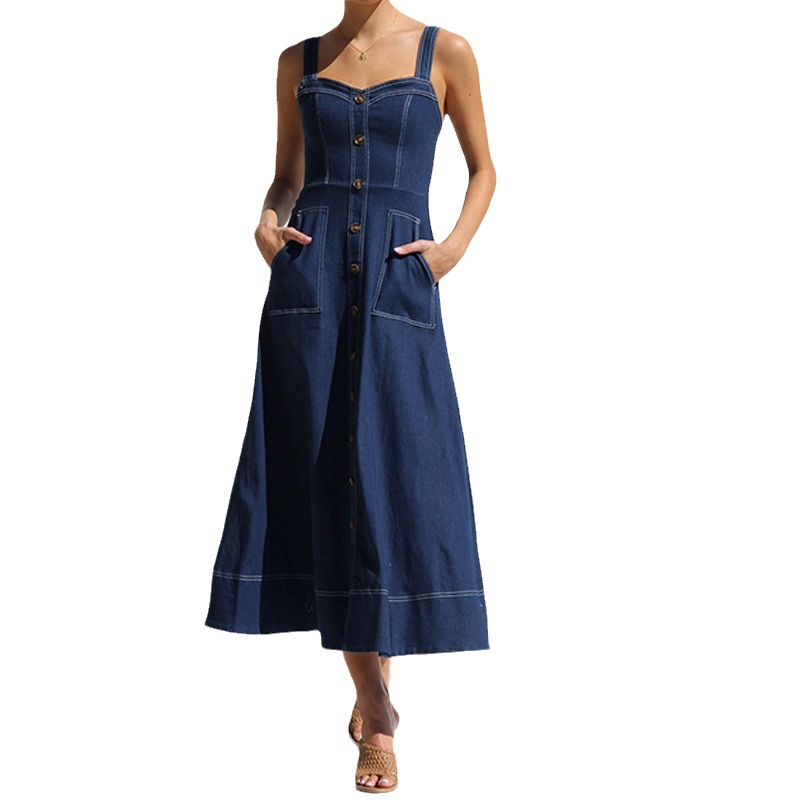 Mature Women Casual Summer Sling Distressed Button Denim Long Dress