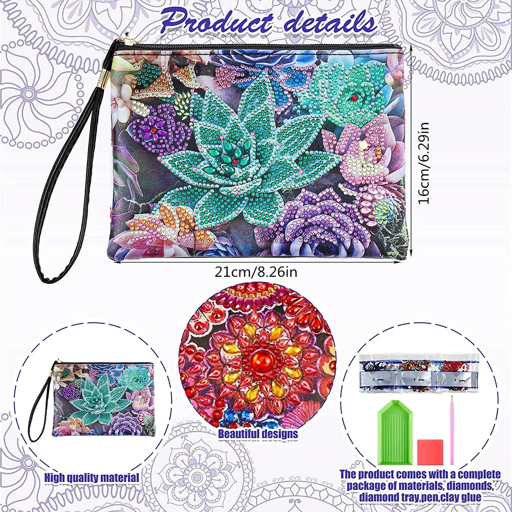 DIY Cactus Diamond Art Cosmetic Bag Flowers Single Sided PU Women Clutch