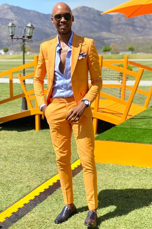 Daisda Yellow Beach Wedding Suits For Groom Peaked Lapel 