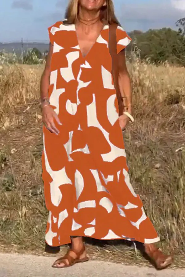 V Neck Geometric Pattern Loose Midi Dress