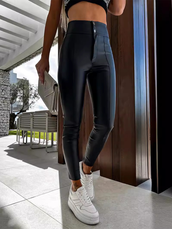 Mature Women High-waisted stretch Leggings PU Leather Skinny Bottoming Pants