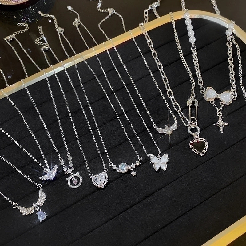 Minimalist Heart Shape Flower Bow Knot Titanium Steel Copper Plating Inlay Artificial Gemstones Pendant Necklace