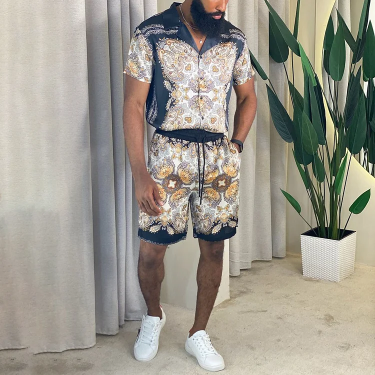 BrosWear Trendy Baroque Print Shirt And Shorts Co-Ord