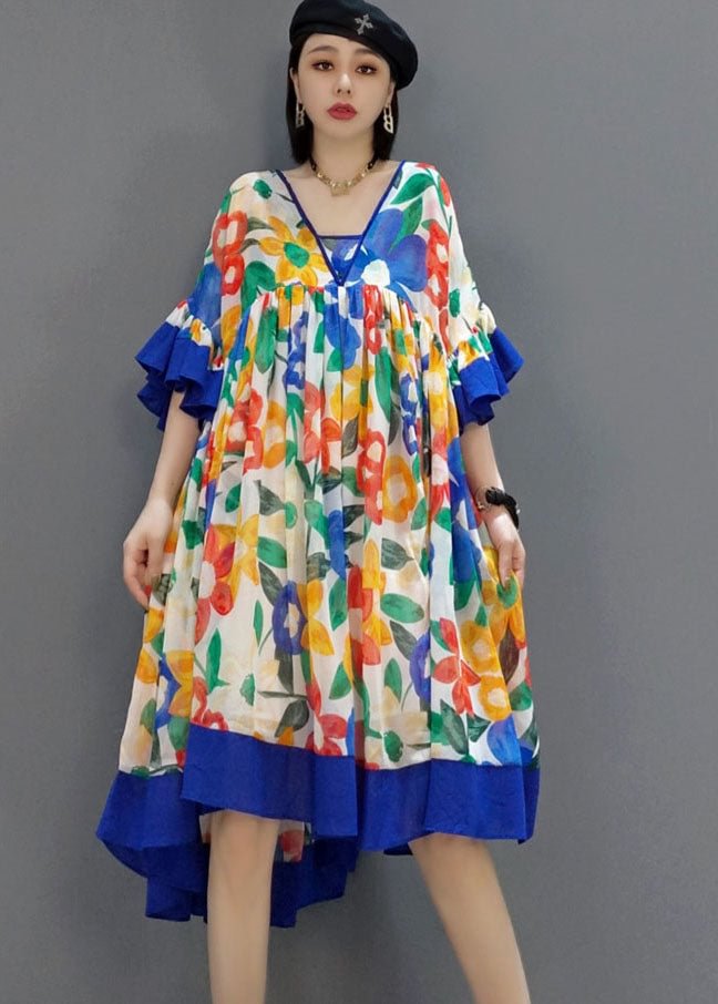 diy Blue wrinkled V Neck print Chiffon Dresses Summer CK1231- Fabulory